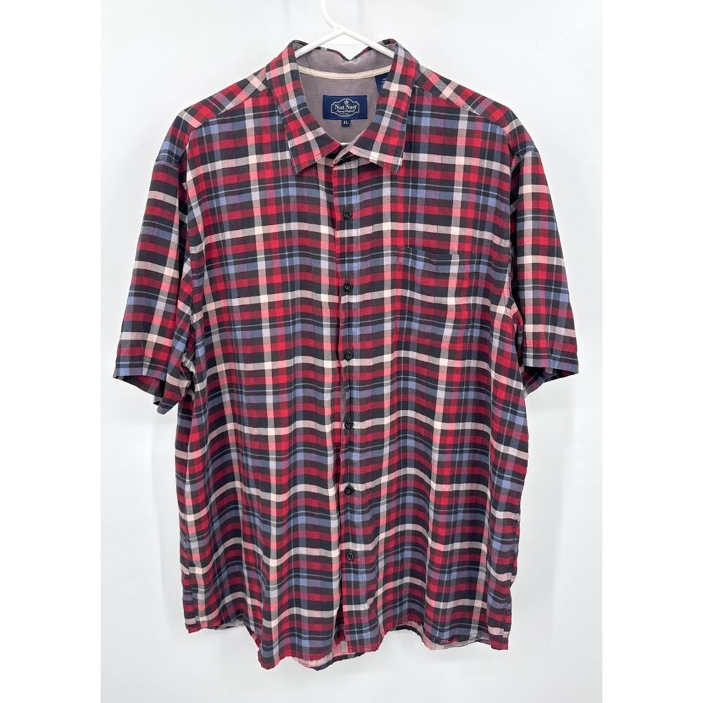 Nat Nast Shirt‎ Mens XL Red Black Blue Plaid Silk Luxury Short Sleeve Button Up
